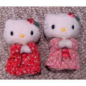 2 Hello Kitty Japanese Pink Red Kimono Standing Plush Dolls STUFFED ANIMAL RARE